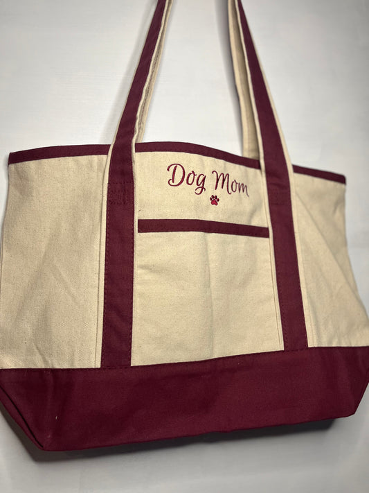 Embroidered Dog/Cat Mom Canvas Tote Bag